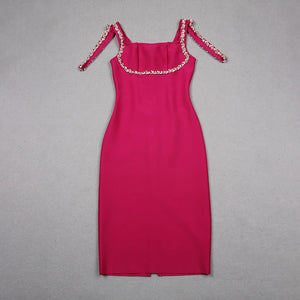 Elegant Pink Bandage Dress with Square Collar and Diamond Chain Detail