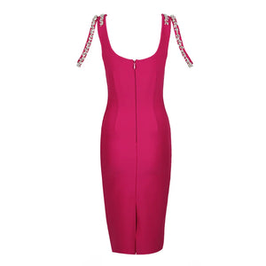 Elegant Pink Bandage Dress with Square Collar and Diamond Chain Detail