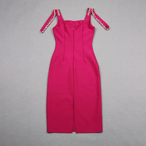 Elegant Pink Bandage Dress with Square Collar and Diamond Chain Detail