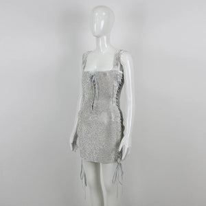 Silver Rhinestone Mini Dress with Sexy Sling, Lace-Up Details and Double Straps