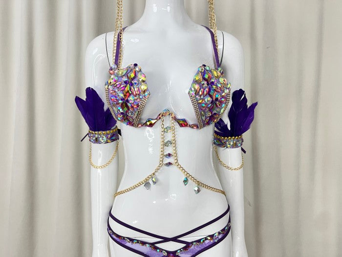 Samba Carnival Handmade Wire Bra And Bottom With Feather Headpiece And Arm,Leg Piece For Halloween Festival
