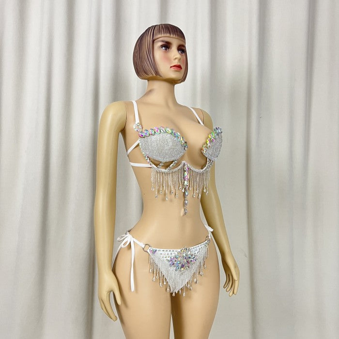 New style Samba Carnival Handmade Wire Bra And Panty With Stones,Diamond Chain Sexy Costumes For EDC Outfits Silver Color