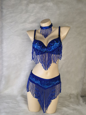 New Women's Belly Dance Set Sexy Carnival Costume Beaded Belly Dancing Clothes Sexy Night Bellydance Tops Chain BRA Belt T201 3pc/Set