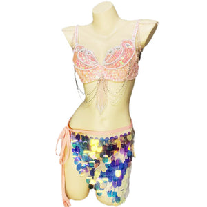 New Shiny Pink Belly Dance Costumes Bra Hip Scarf Sequins Carnival Rave Costume For Women Belly Dancing Stage Costumes Dance Clothes N21016