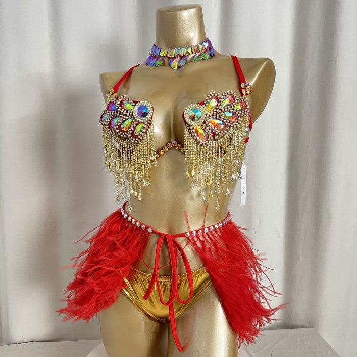 New Style Handmade Samba Carnival Wire Bra,Pants And Ostrich Feather Mini Skirt With Stones For EDC Festival Rave Carnival Red Color
