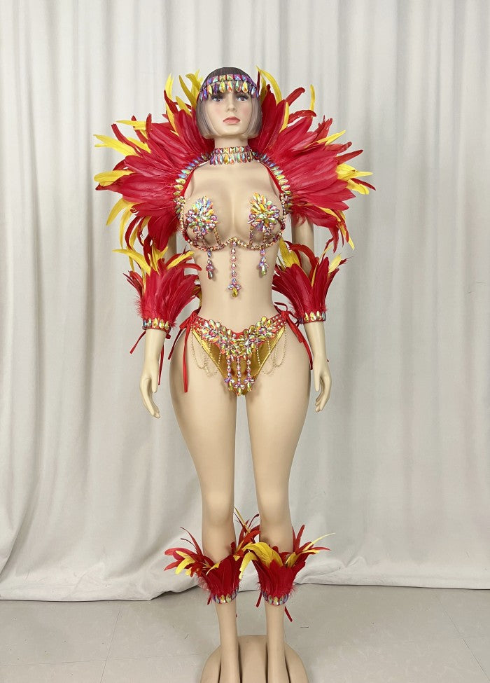 Top Quality Handmade Samba Rio Carnival Wire Bra+Belt+feather shawl With Stone Sexy Belly Dancing Costume