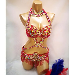 Hot sale Women's beaded Crystal belly dance costume wear Bar+Belt+Necklace 3pc set sexy bellydancing costumes bellydance clothes tf1732