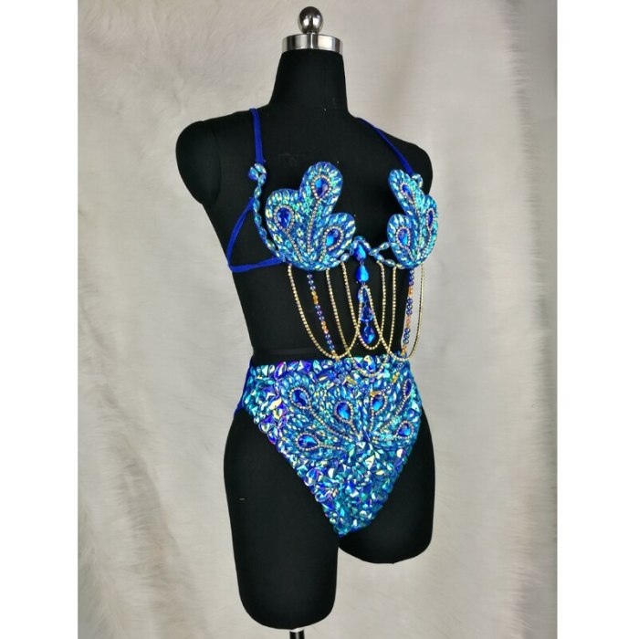 Samba Carnival Wire Bra & High Waist Bottom 2pcs/Set Stones CB010-2 RED AND ROYAL BLUE COLOR