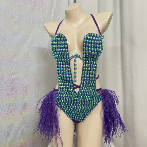 Samba Carnival Bra Belt Royal Blue Puple Stone Feather C1503