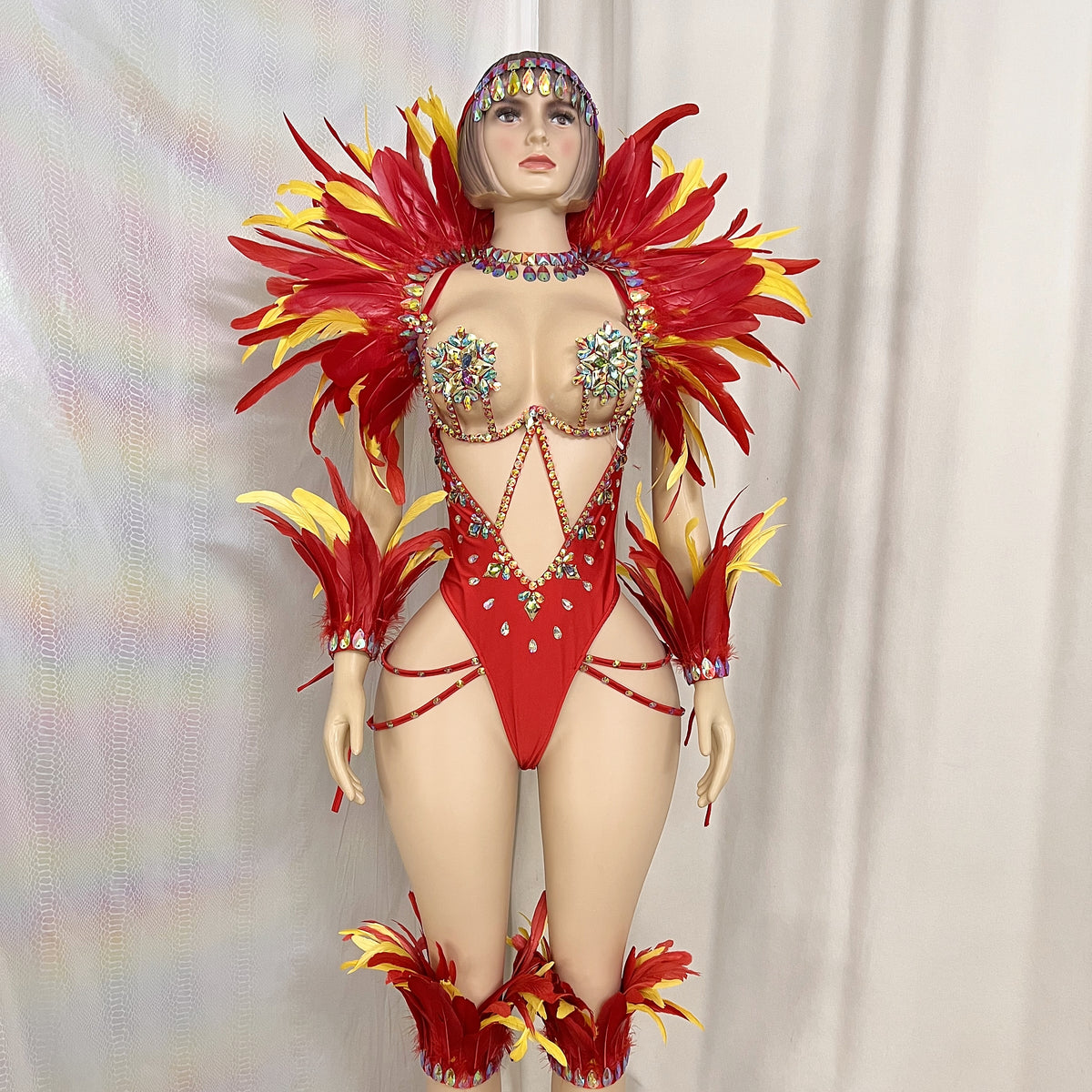 New Style Handmade Monokini Bodysuit Wire Bra With Thong Red Color With Feather Ser For Samba Carnival
