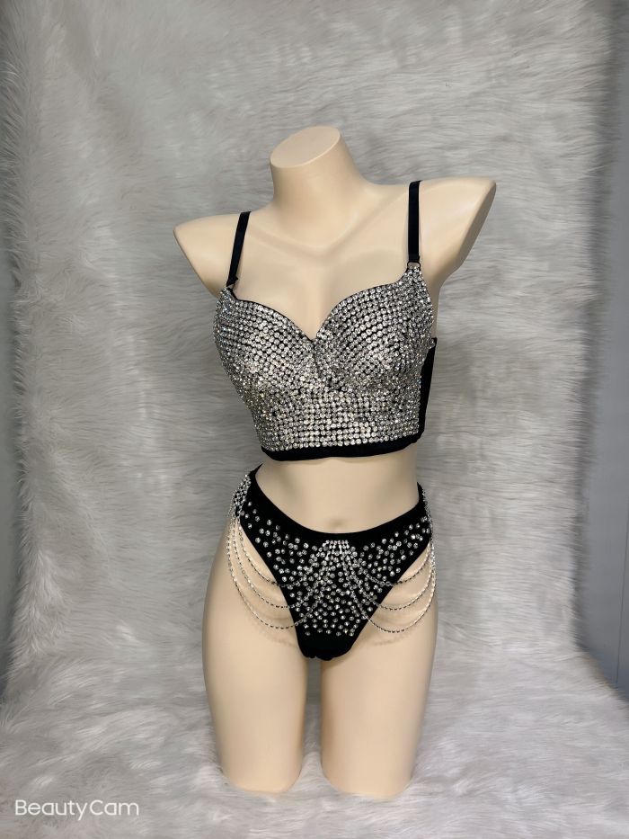 Party Dance Corset+High waist thong Women's Corset Rave Crystal Showgirl