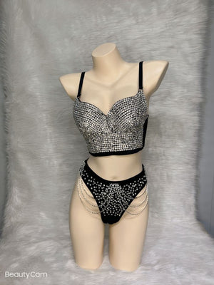 Party Dance Corset+High waist thong Women's Corset Rave Crystal Showgirl