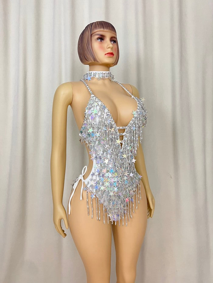 Halloween Handmade Stars Bodysuit With Necklace Silver Color For Samba Carnival Performance