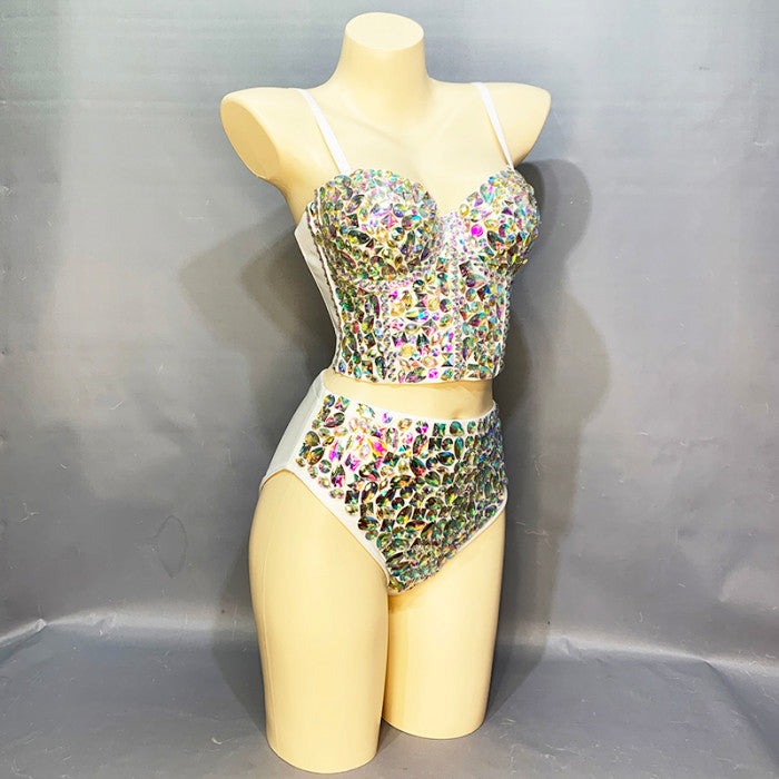 Flashing Sexy Stage Costumes Samba Carnival Bra High Waist Pants AB Color Stone Hand Made 2 Piece Bodysuit Costume Dancer Outfit  BP015