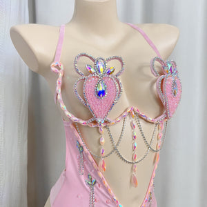 New Style Handmade Monokini Bodysuit Wire Bra With Thong Pink Color For Samba Carnival