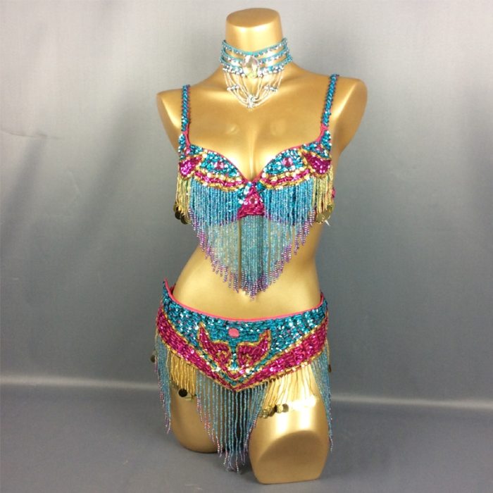 Hot selling belly dance New-Style Sexy handmade beaded 2 piece costumes 5 COLOR TF1401