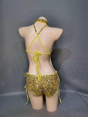 Flashing Yellow Sequins One-Piece Bodysuit Women's Singer Dance Sexy Evening Carnival Costumes Stage Dance Wear Nightclub Outfit BS11
