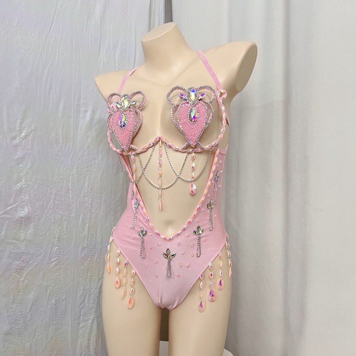 New Style Handmade Monokini Bodysuit Wire Bra With Thong Pink Color For Samba Carnival