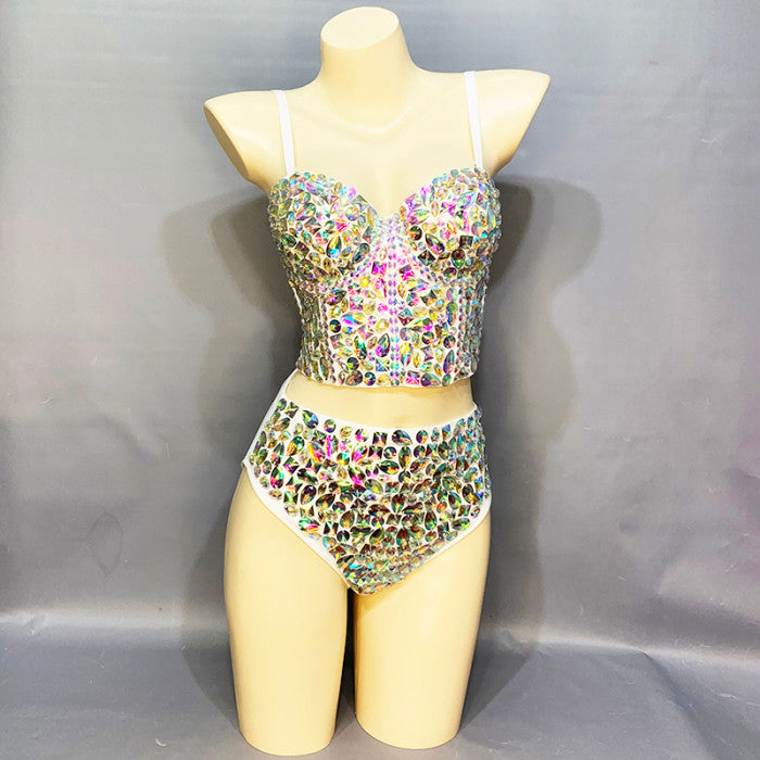 Flashing Sexy Stage Costumes Samba Carnival Bra High Waist Pants AB Color Stone Hand Made 2 Piece Bodysuit Costume Dancer Outfit  BP015