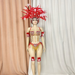 Samba Carnival Belly Wire Bra Belt  and Panty With feather head piece Hand Beads Passista Pageant Cabaret Broadway Theater Mardi Gras,Vegas Showgirls CF1721-2