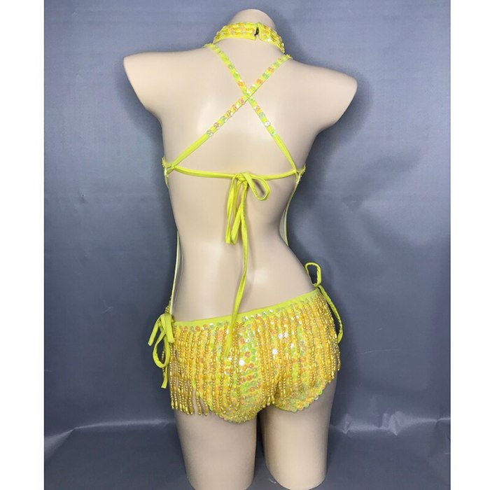 Flashing Yellow Sequins One-Piece Bodysuit Women's Singer Dance Sexy Evening Carnival Costumes Stage Dance Wear Nightclub Outfit BS11