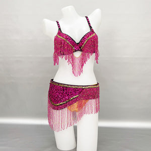 New Stage & Dance Wear Performance Women Sequin Beaded Bra Belt Bellydance Suit 3pc Professional Outfit Belly Dance Costume Set  TF2561