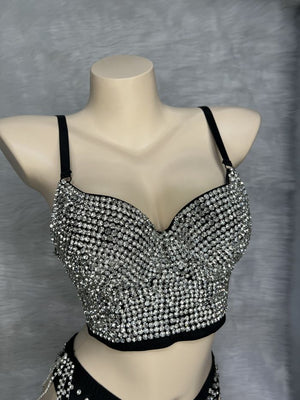 Party Dance Corset+High waist thong Women's Corset Rave Crystal Showgirl