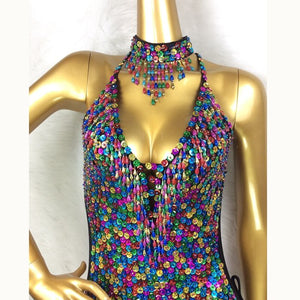 New Women's Full Sequins Beading Flashing Bodysuit One Piece Dance Wear Nightclub Party Stage Wear Latin Sexy Costumes Outfit BS05