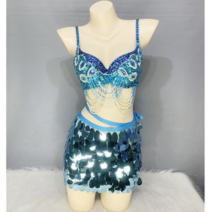 Oriental Belly Dance Costumes Sequin Tassel Belly Dancing Bra Hip Wrap Panty 3pcs Set Stage Professional Outfits Carnival Suit N21015