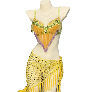 New Women Belly Dancing Suite Beaded Sequined Bra+ Long Tassel Hip Scarf 2PCS Set Samba Costumes Club Night Dance Wear N21007