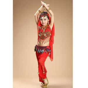 Hot sale kids belly dance 4pcs(top+pants+waist chain+veil) indian clothes rose/red/yellow girls belly dance costume 3306