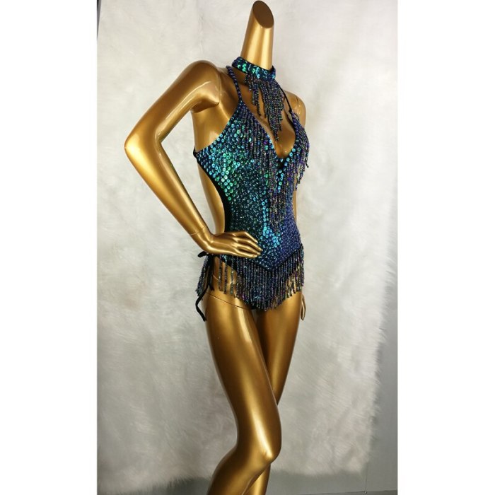 Sexy Women beading Bodysuit Sequin Swimsuit latin Belly Dance Costume Dancer One-Piece Outfit Costume Stage Performance Blue BS02