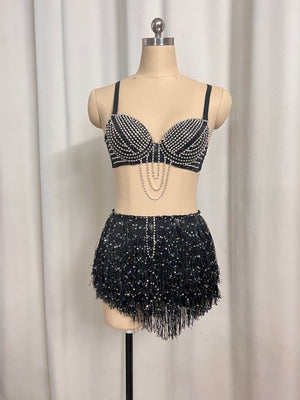 New Style Samba Carnival Handmade Belly Dance Diamond Costumes Bra,Panty And Mini Skirt 3 Piece Black Color