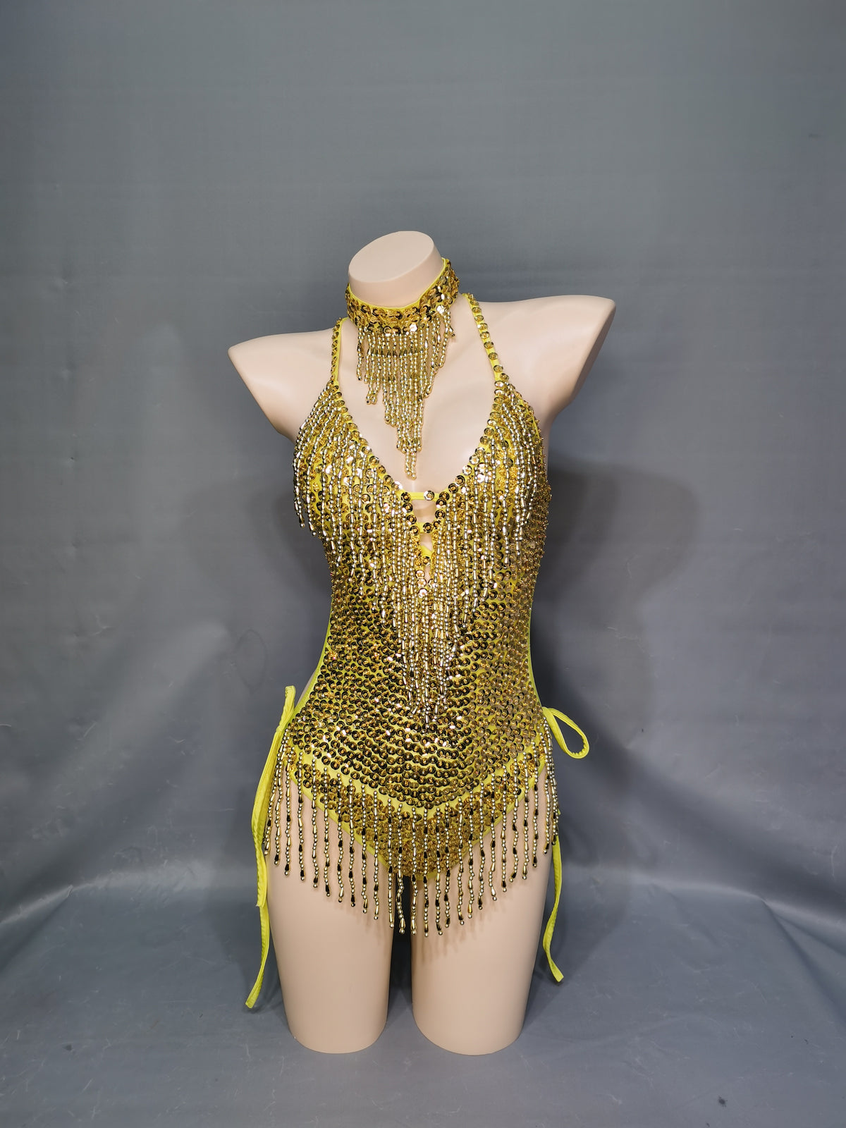 Flashing Yellow Sequins One-Piece Bodysuit Women's Singer Dance Sexy Evening Carnival Costumes Stage Dance Wear Nightclub Outfit BS11