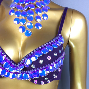 New Sexy Samba Belly Dance Costume for Women Hand Beaded sequins purple Color Bra and Scarf Necklace 3 pieces