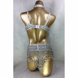 New Women's Belly Dance Set Sexy Carnival Costume Beaded Belly Dancing Clothes Sexy Night Bellydance Tops Chain BRA Belt T201 3pc/Set