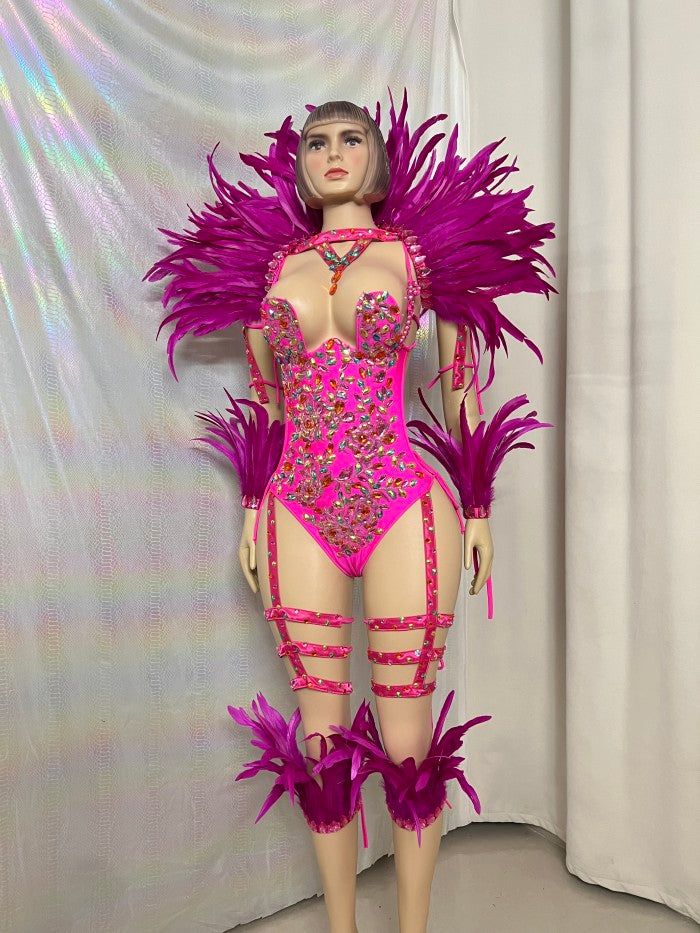 Samba Carnival Handmade Bodysuit With Feather Set And Stones Decorate For EDC Festival
