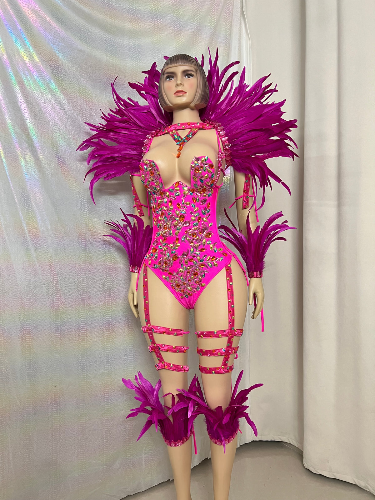 Samba Carnival Handmade Bodysuit With Feather Set And Stones Decorate For EDC Festival