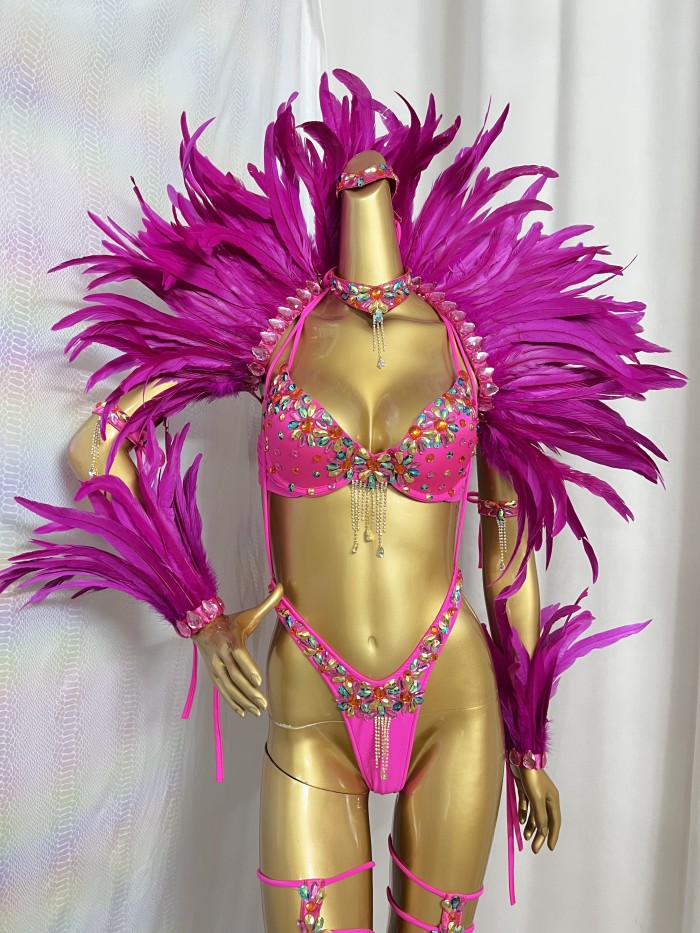 New Handmade Samba Carnival  Bra And Panty With Feather Set Stones Decorate For EDC Festival Rave Carnival