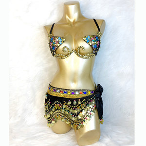 Samba Carnival Wire Bra & Belt Set Hand Made 4 Piece Belly dancing WIRE BRA + BELLY DANCE HIP scarves 320 piece coins