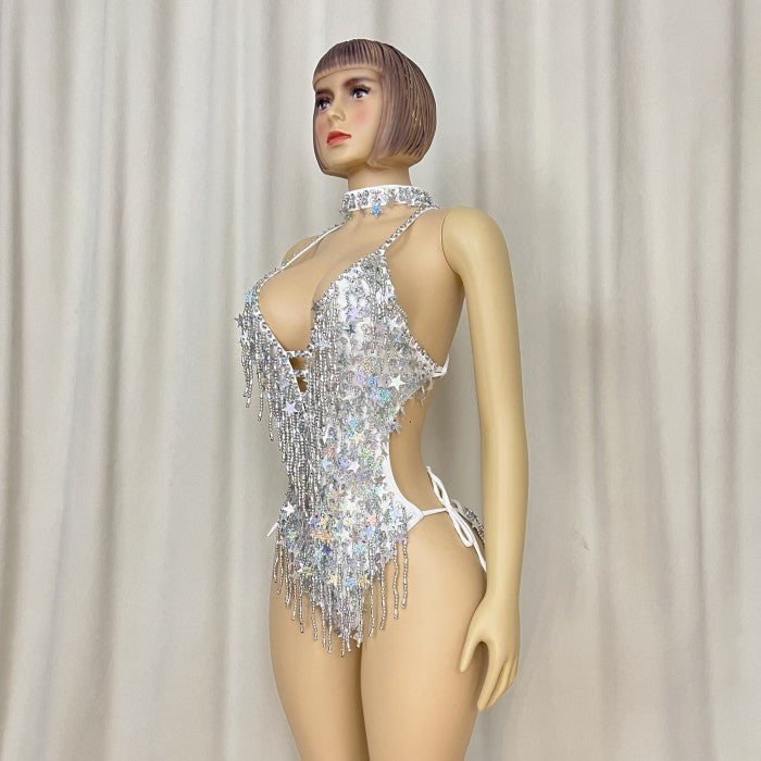 Halloween Handmade Stars Bodysuit With Necklace Silver Color For Samba Carnival Performance