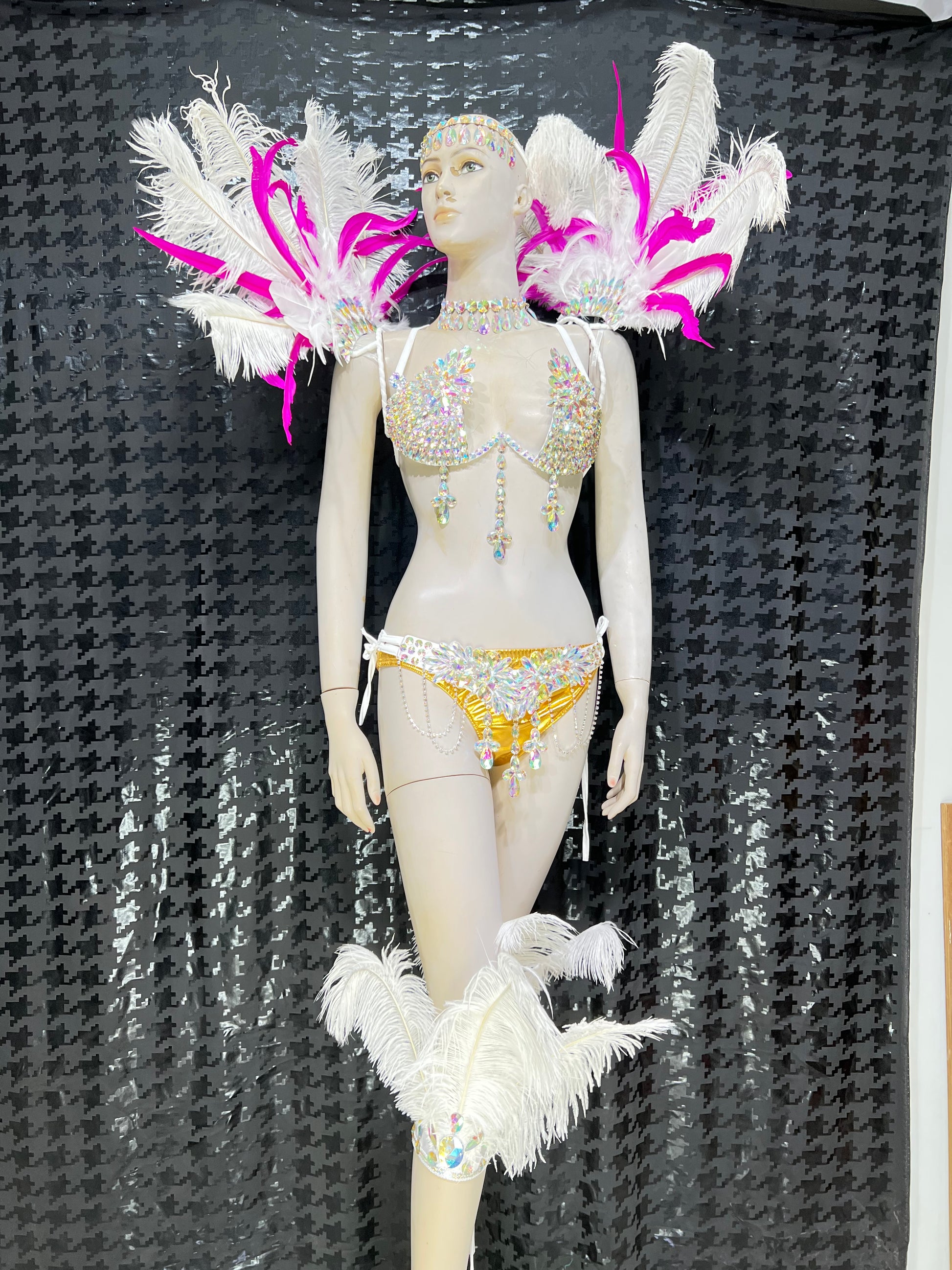Top Quality Handmade Samba Rio Carnival Wire Bra+Panty+Feather Headdresncs With Stone Sexy Belly Daing Costume CF002-2