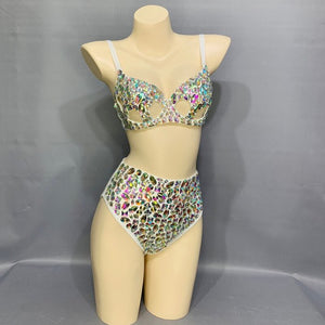 New Samba Carnival Bikini Set Bra High Waist Panty Crystal Silver Stone Hand Made 2 Piece Dance Clothes Belly Dance Costume Wear N21010