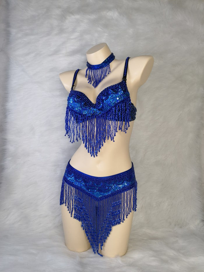 New Women's Belly Dance Set Sexy Carnival Costume Beaded Belly Dancing Clothes Sexy Night Bellydance Tops Chain BRA Belt T201 3pc/Set