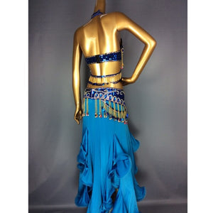 High Quality Sexy Performance Hand Beaded Sequined Belly Dance Samba Costume for Women Lady  navy blue color bra+belt+skirt+neck TF1411