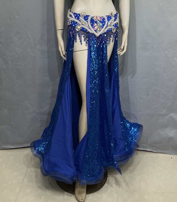 New Design Sequin Bellydancing Slit Long Skirts Sexy Belly Dance Dress Women Costume Training Dress Stage Performance Clothes