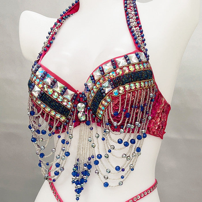 New Sexy Beaded Belly Dance Costume Women Tops Bra Chain Belt 2pc Set Night Dance Wear Tassel Belly Dancing Outfit Carnival Costume  N21024