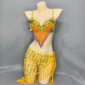 New Women Belly Dancing Suite Beaded Sequined Bra+ Long Tassel Hip Scarf 2PCS Set Samba Costumes Club Night Dance Wear N21007