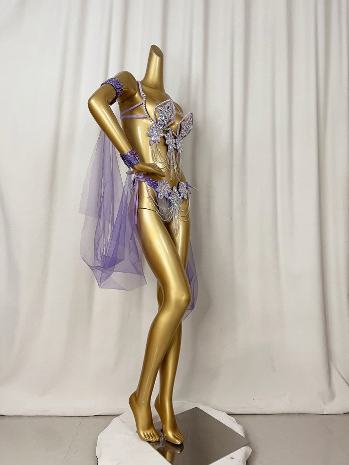 Samba Carnival Wire Bra & Panty & Belt Set Hand Made Belly Dancing Costume Outfit with arm sleeves