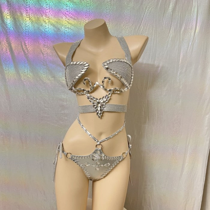 Samba Carnival Handmade Wire Bra And Bottom With Stones Silver Color For EDC Festival